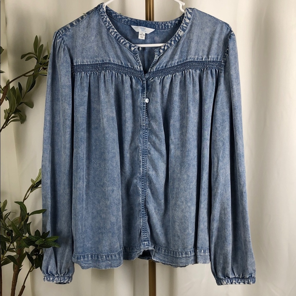 Time and Tru Washed Blue Denim-Look Button Front Bloused Sz L (T4)